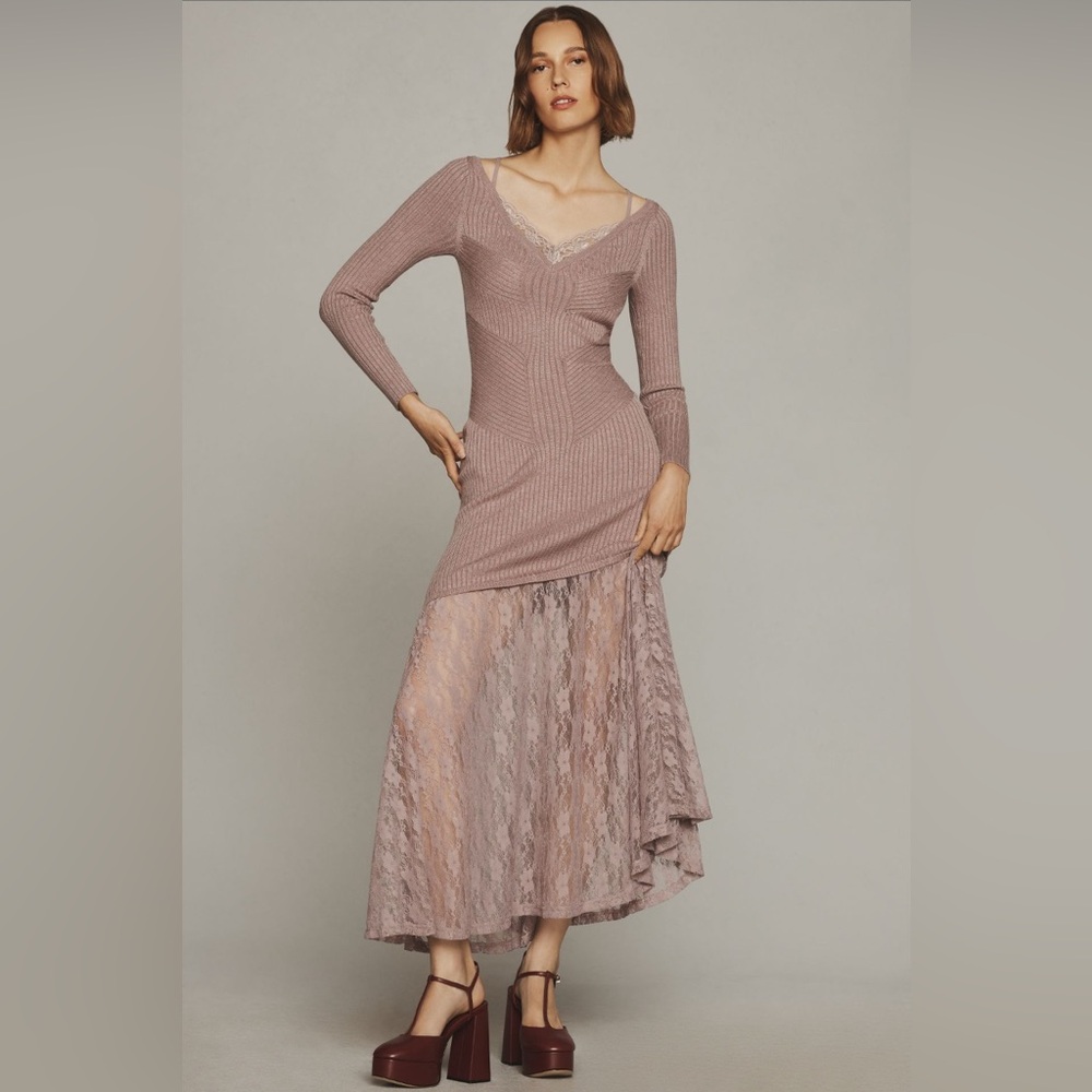 Anthropologie V-Neck Lace Twofer Sweater Dress in Mauve Size Large New With Tags